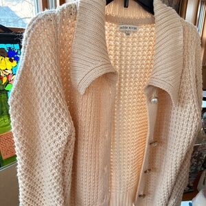 Moon River Cream Knit Cardigan Sweater Chunky Textured Puffsleeve Cozy S